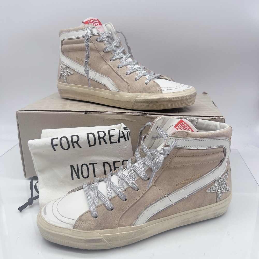 Golden Goose Slide High Top Glitter Distressed Sneakers Pink White Suede EU 39